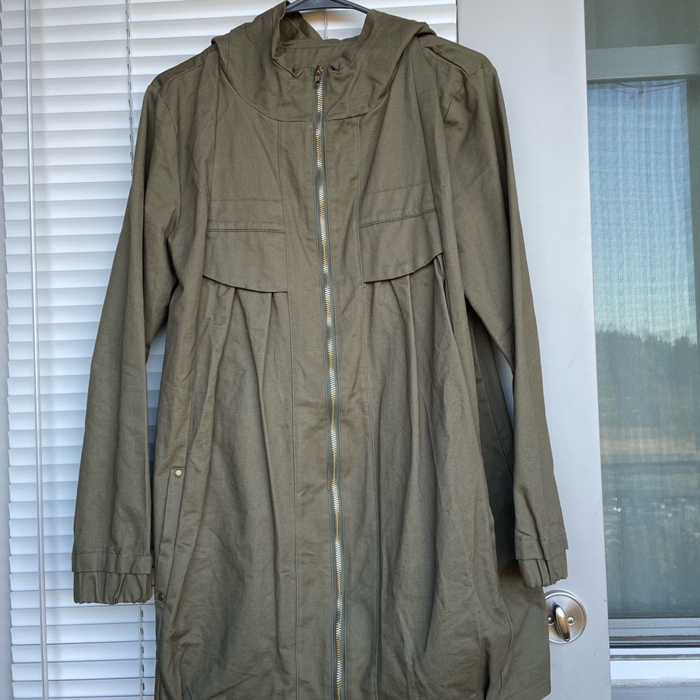 Olive colored jacket with hood
